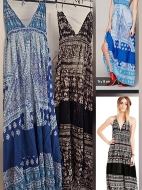 NEW Free People Blue Printed Boho Maxi Dress Triangle Top Dress